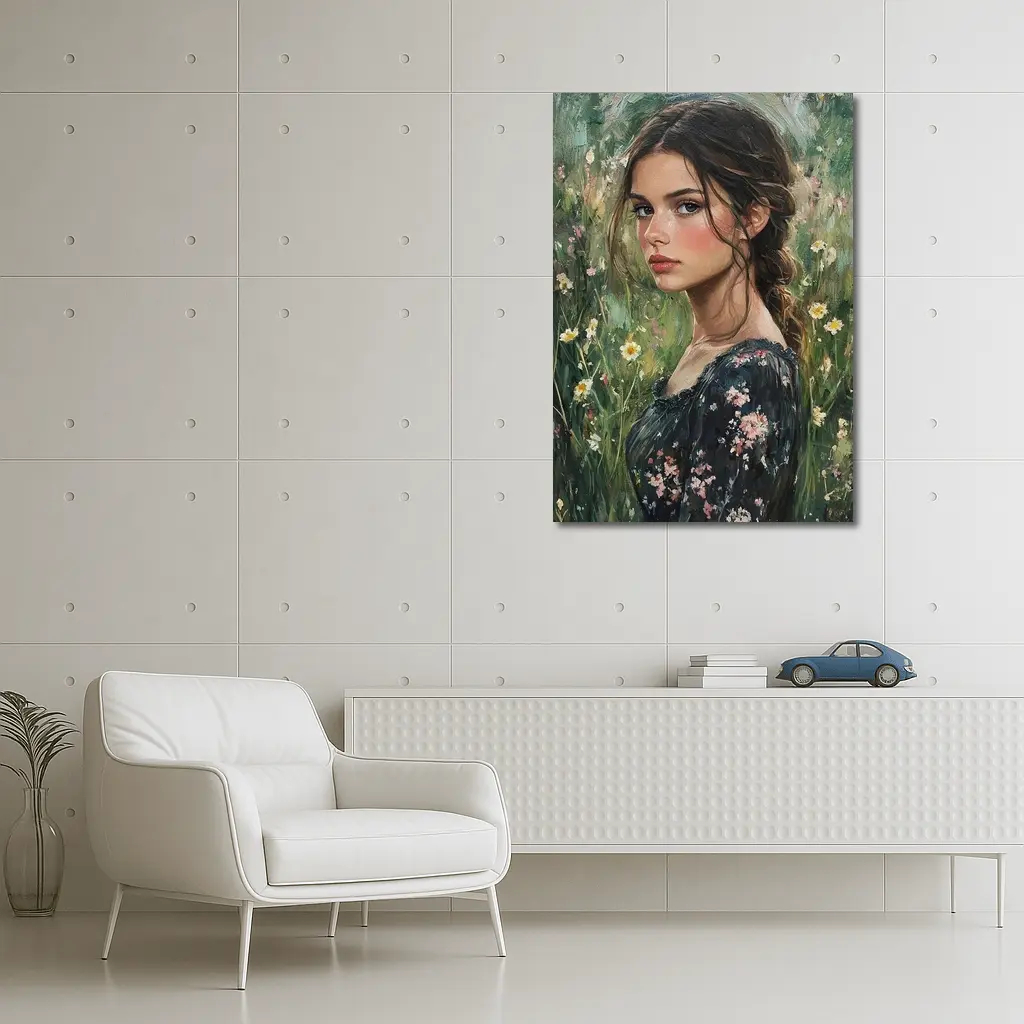 Young Woman Portrait Oil Painting Wildflowers – Wall Art
