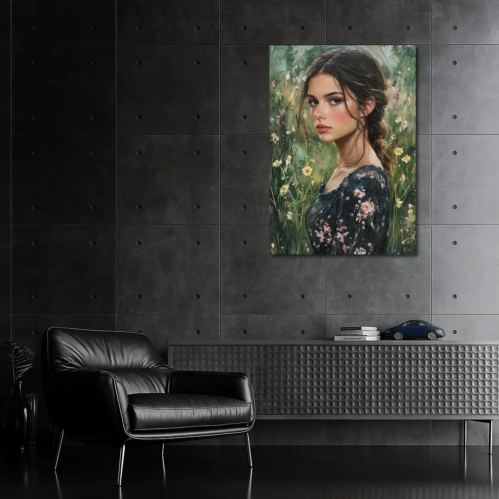 Young Woman Portrait Oil Painting Wildflowers – Wall Art