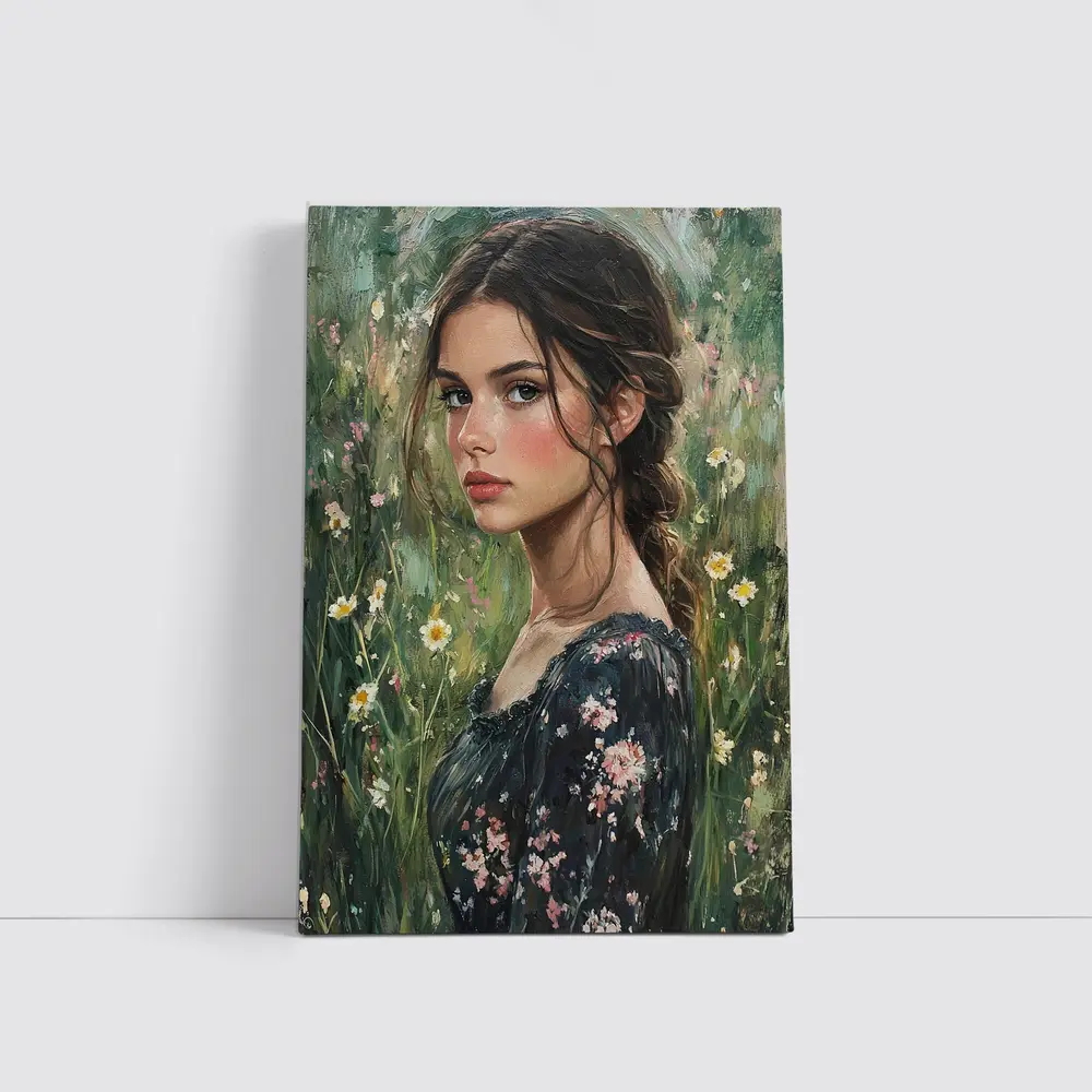 Young Woman Portrait Oil Painting Wildflowers – Wall Art