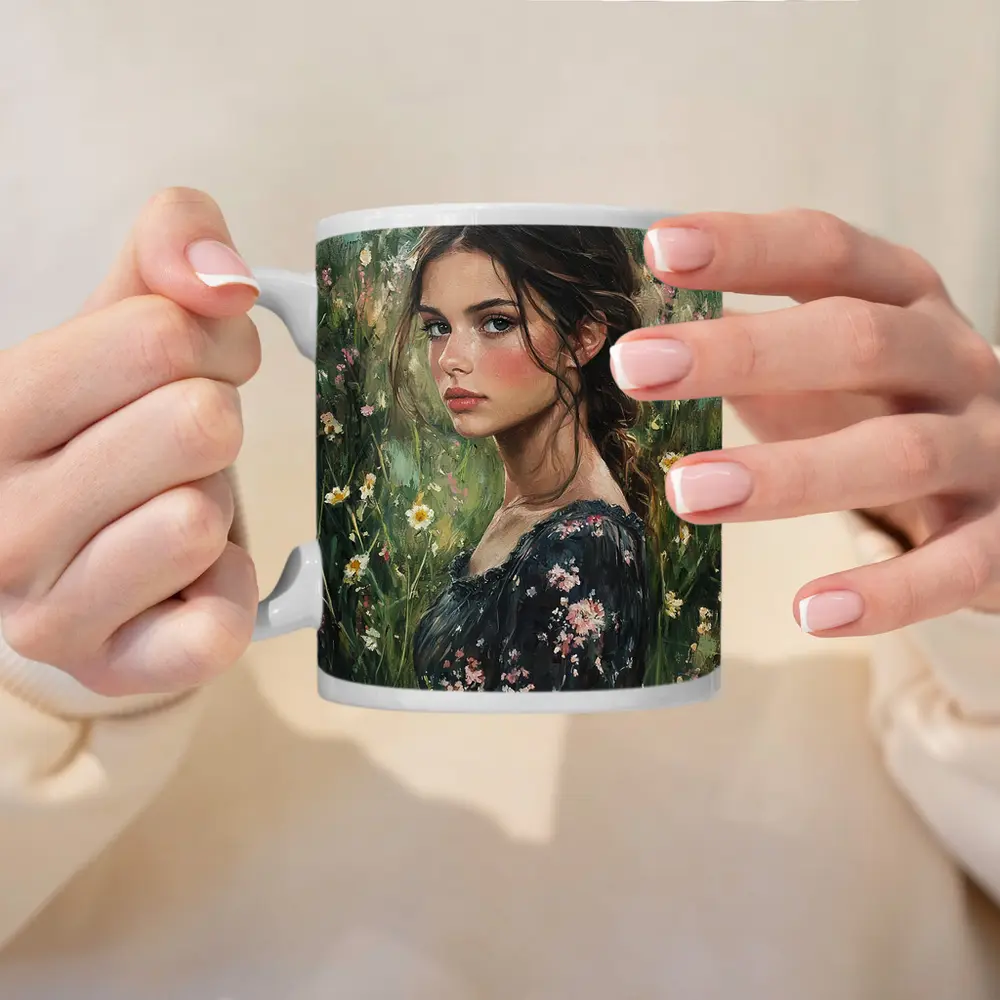 Young Woman Portrait Oil Painting Wildflowers – Mugs
