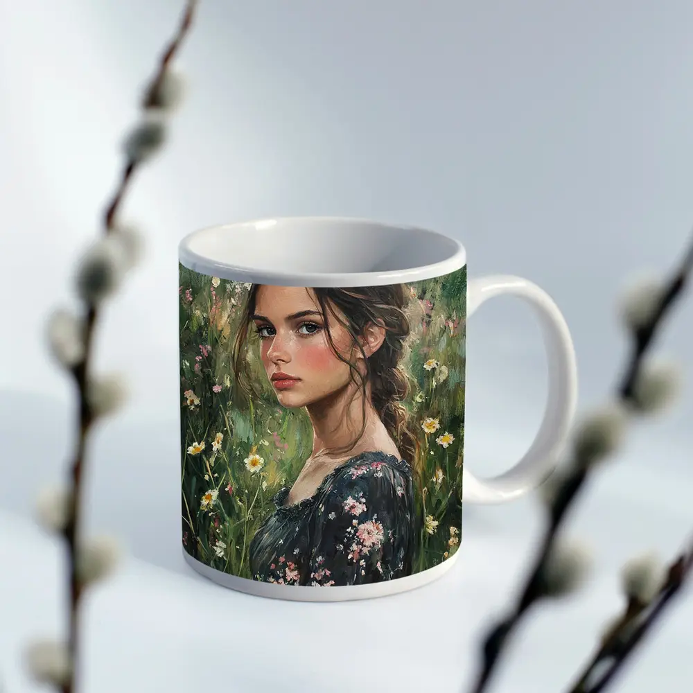 Young Woman Portrait Oil Painting Wildflowers – Mugs
