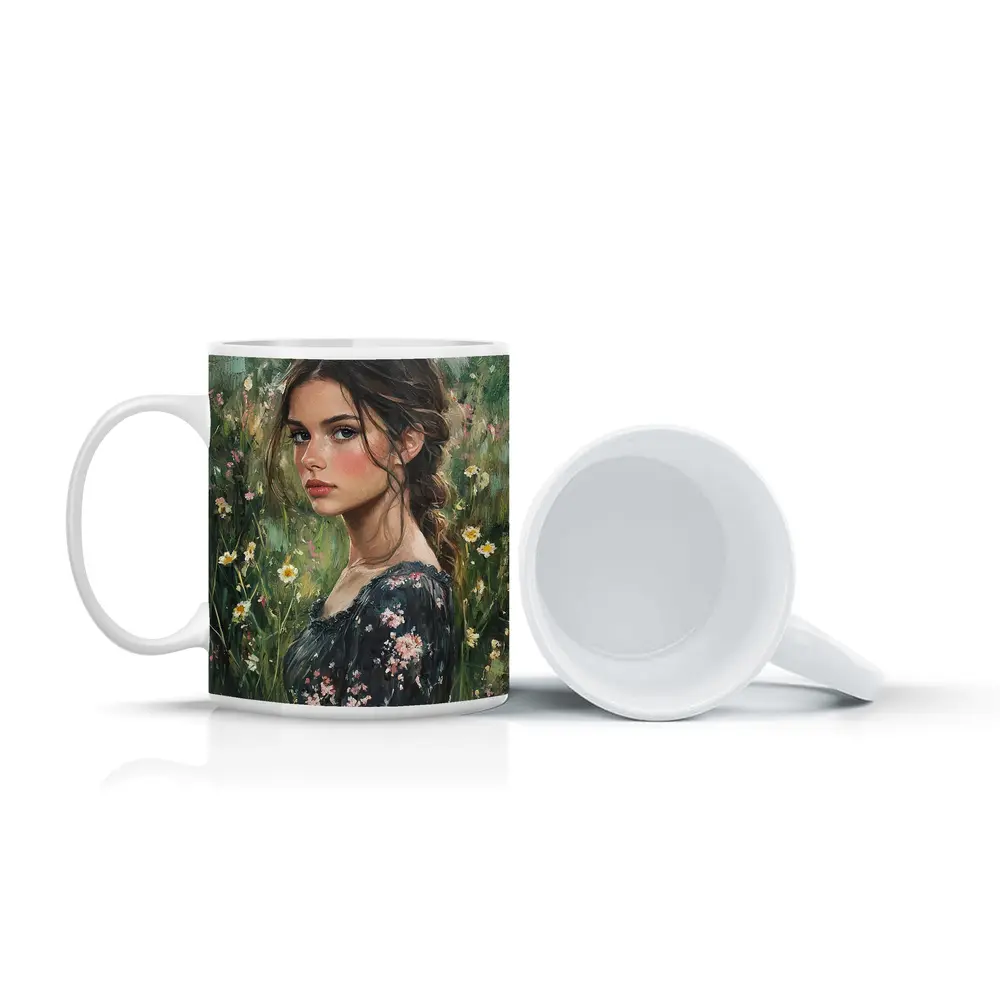 Young Woman Portrait Oil Painting Wildflowers – Mugs