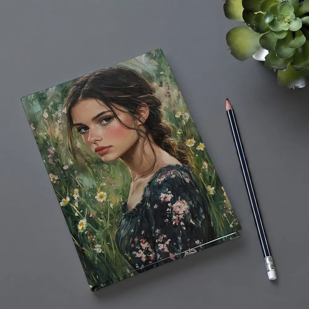 Young Woman Portrait Oil Painting Wildflowers – Notebooks