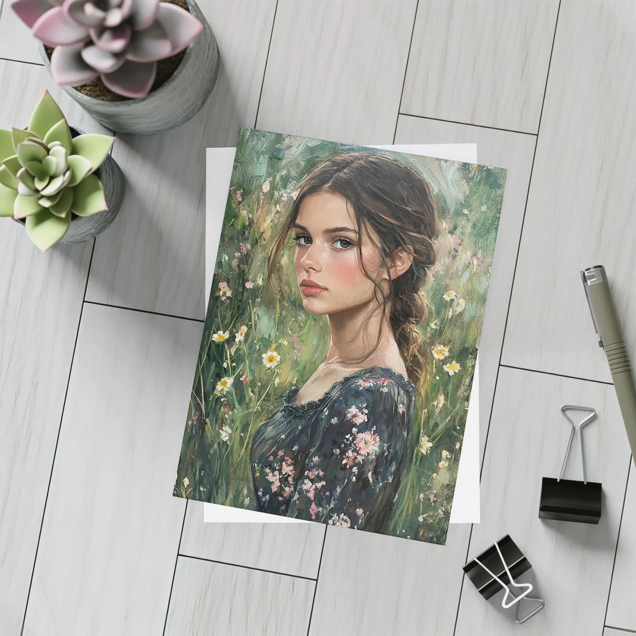 Young Woman Portrait Oil Painting Wildflowers – Postcards
