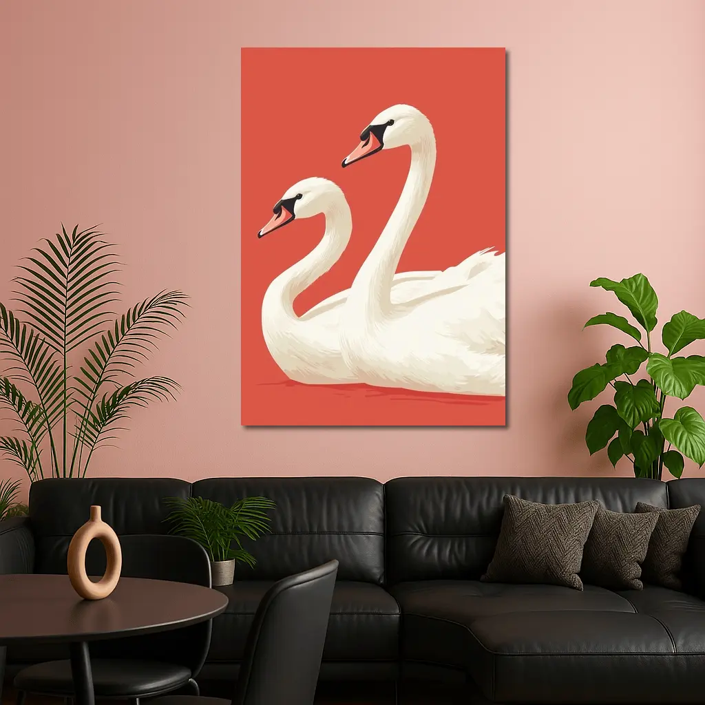 Two White Swans On Red Background – Wall Art