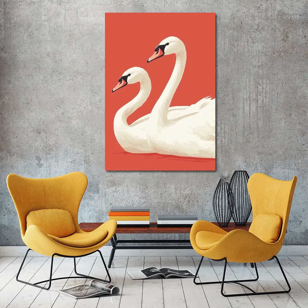 Two White Swans On Red Background – Wall Art