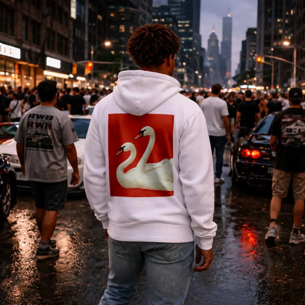 Two White Swans On Red Background – Hoodies
