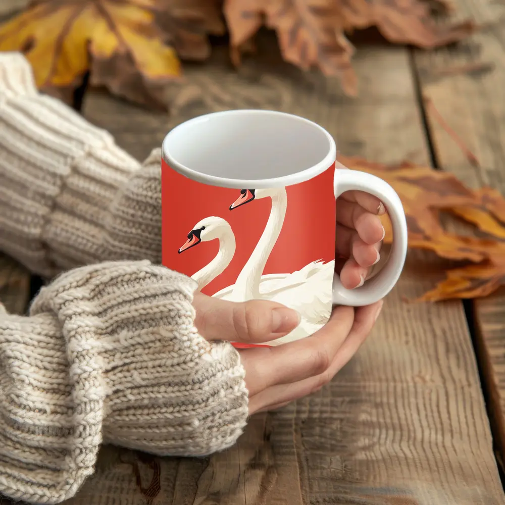 Two White Swans On Red Background – Mugs