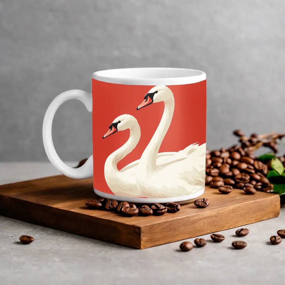 Two White Swans On Red Background – Mugs