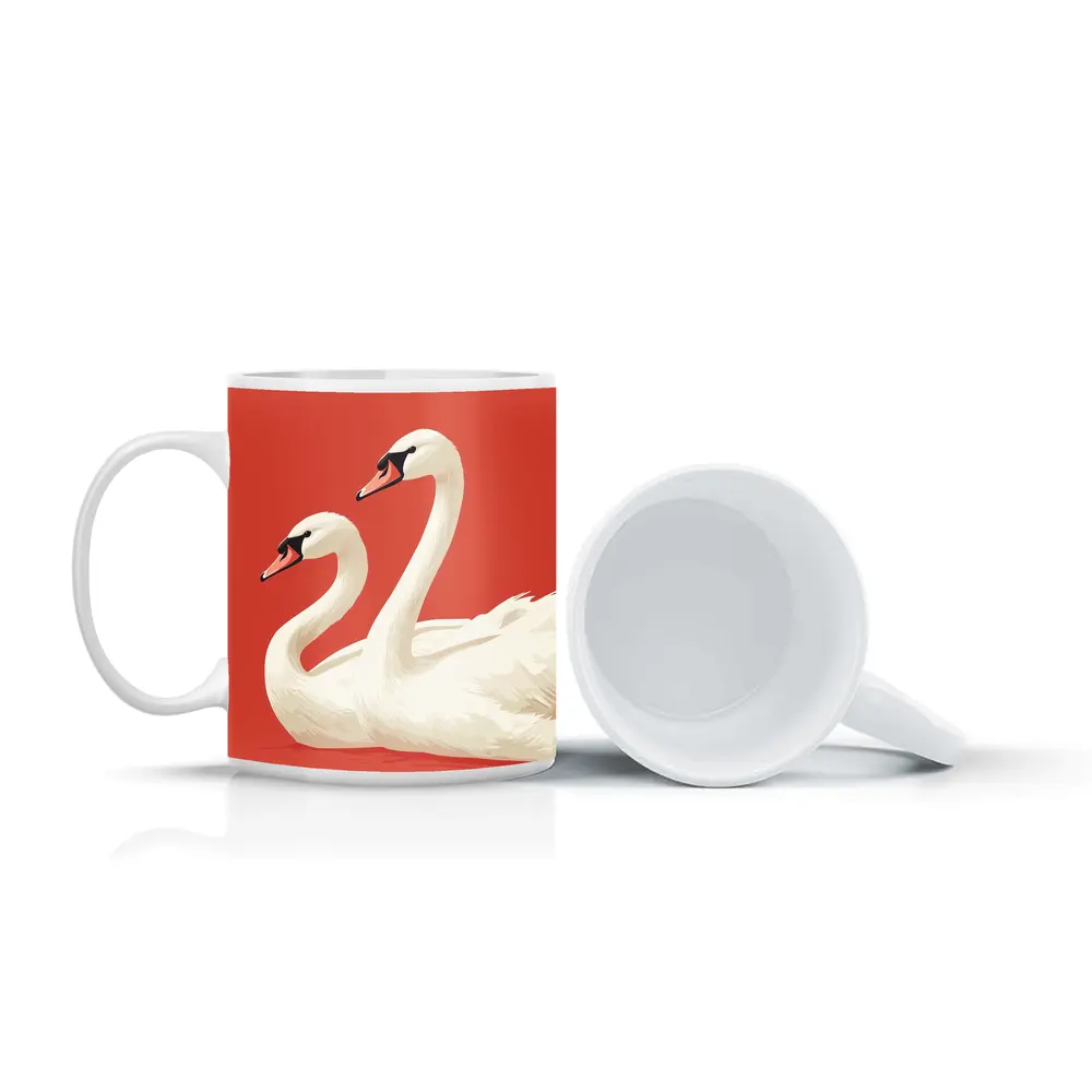 Two White Swans On Red Background – Mugs