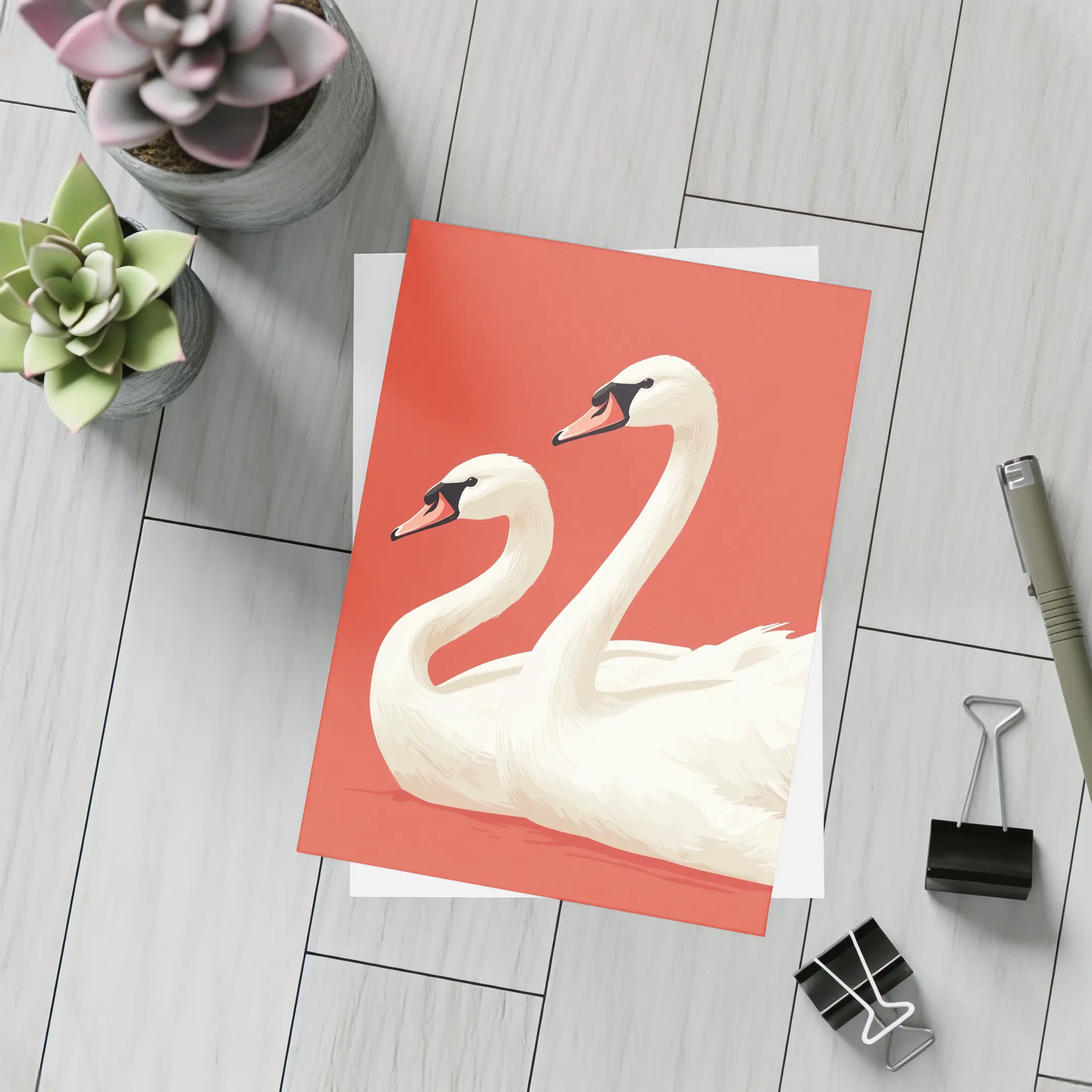 Two White Swans On Red Background – Postcards