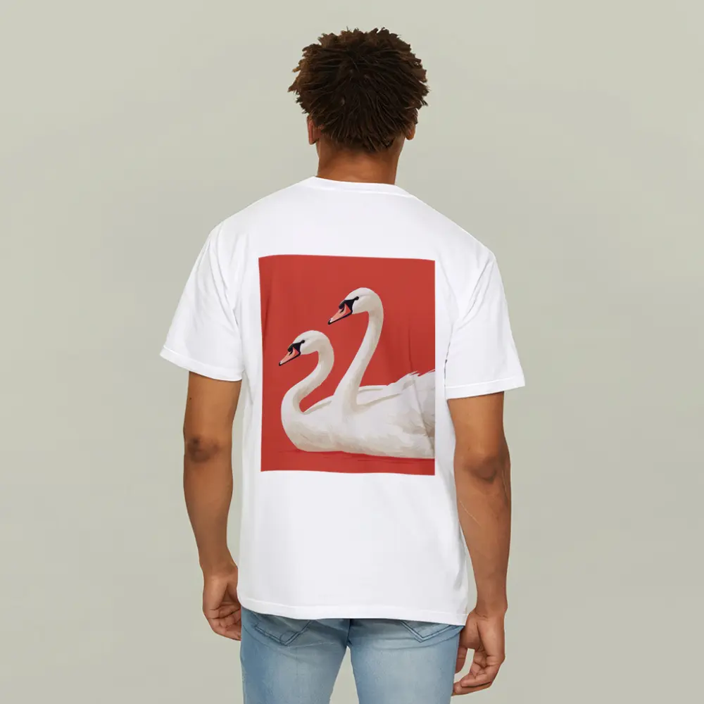 Two White Swans On Red Background – T-Shirts