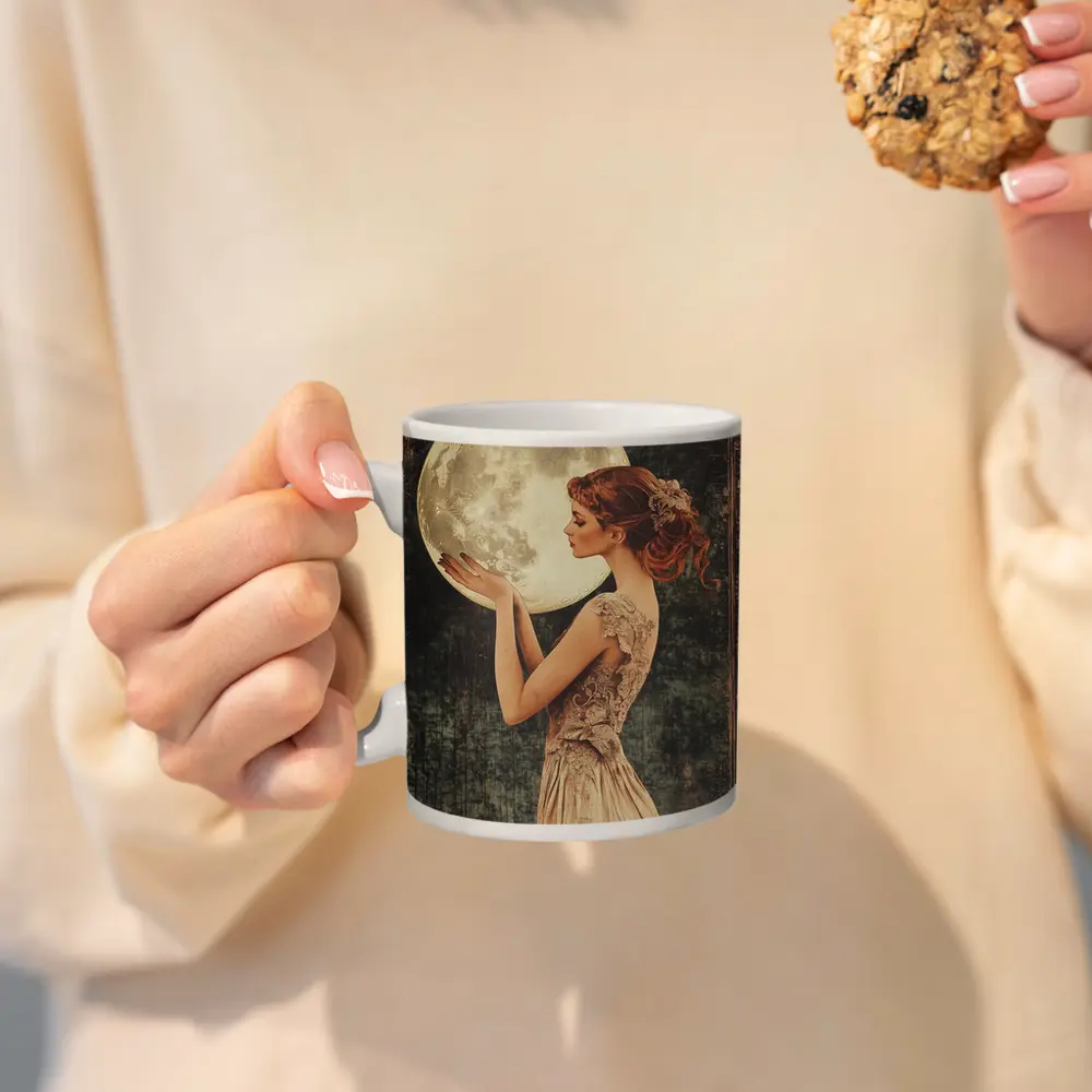 Art Nouveau Woman Holding Full Moon – Mugs