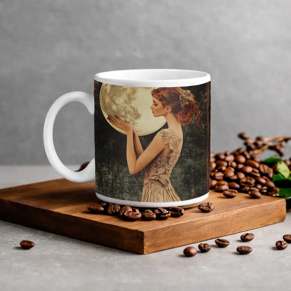 Art Nouveau Woman Holding Full Moon – Mugs