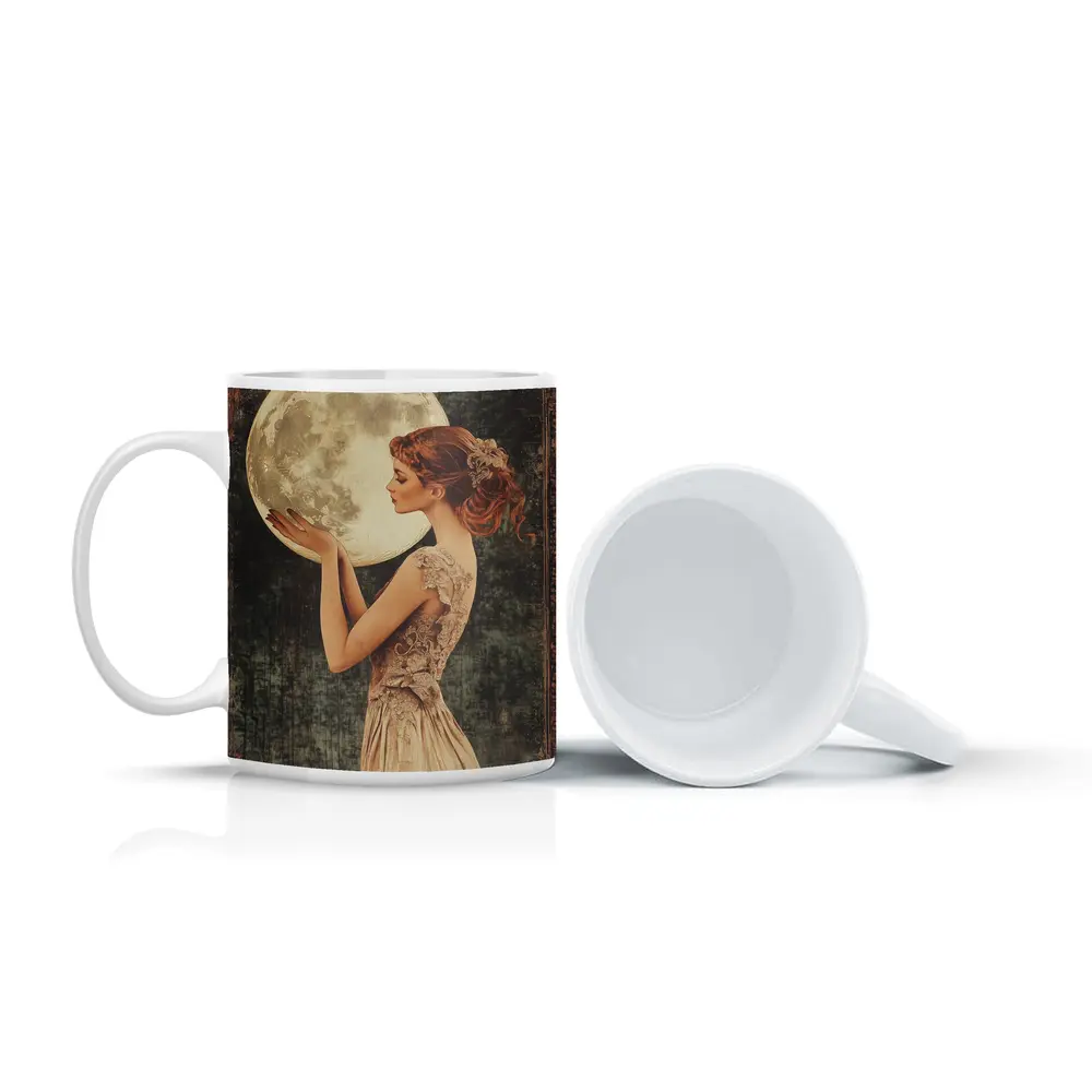 Art Nouveau Woman Holding Full Moon – Mugs