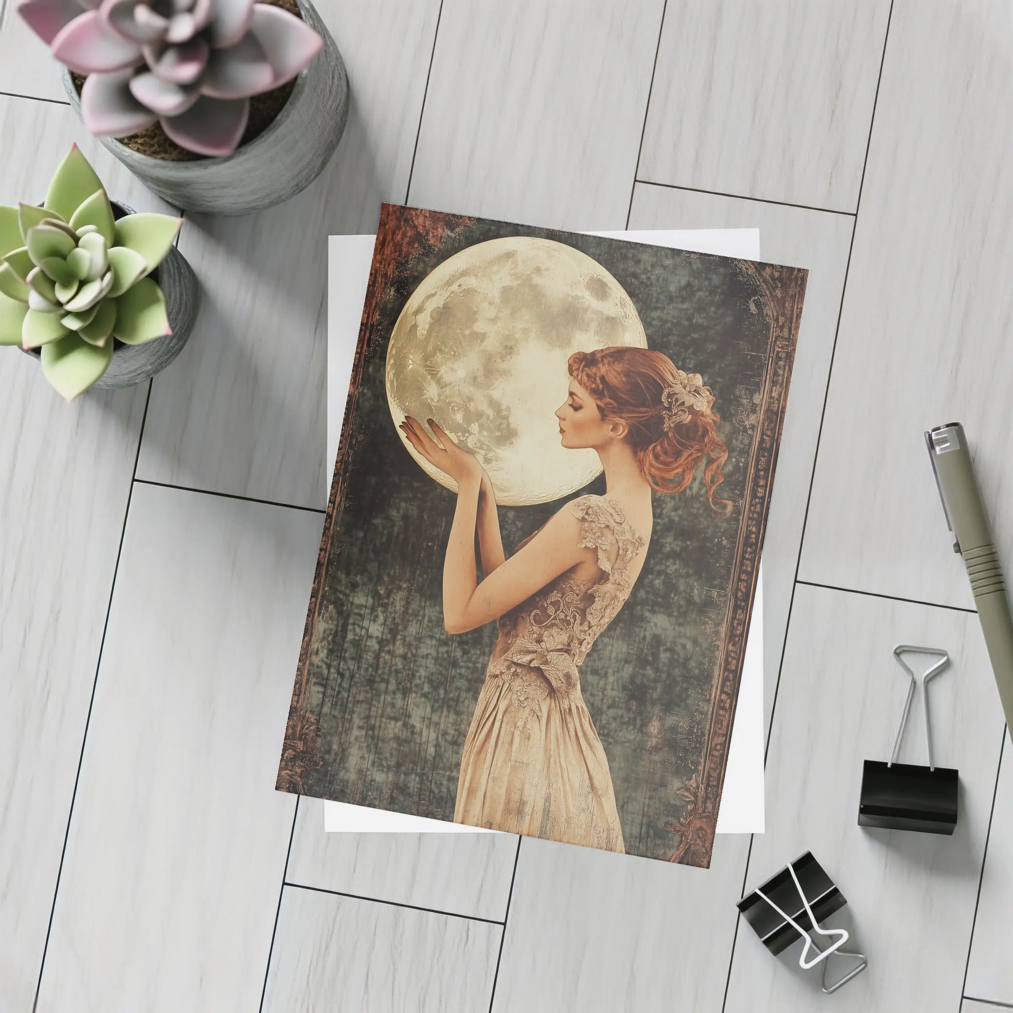 Art Nouveau Woman Holding Full Moon – Postcards