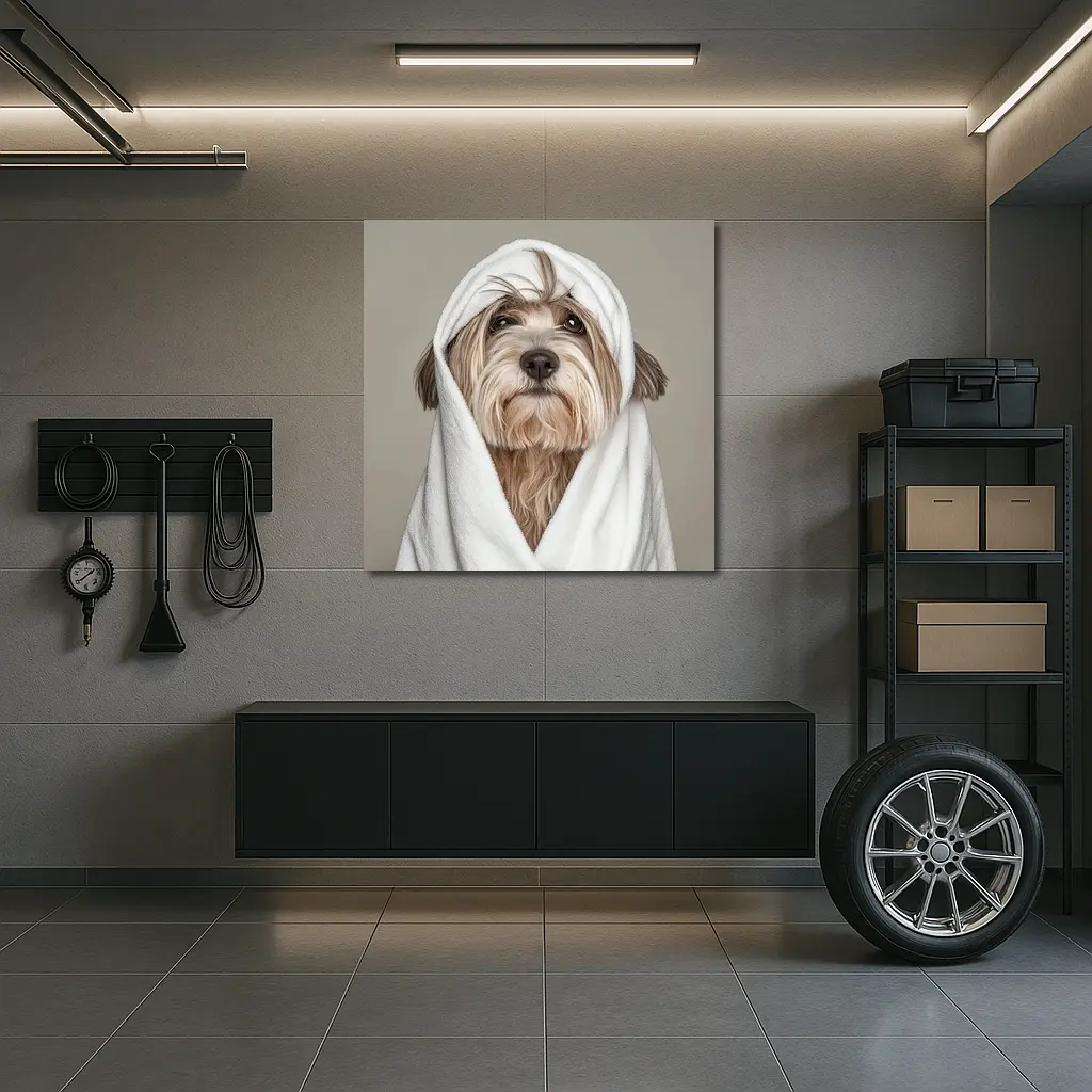 Fluffy Dog Wrapped In White Towel – Wall Art