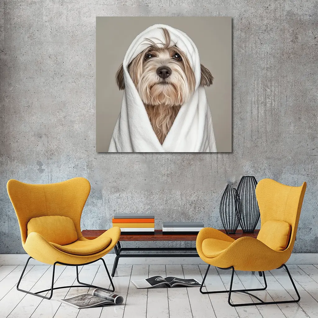 Fluffy Dog Wrapped In White Towel – Wall Art