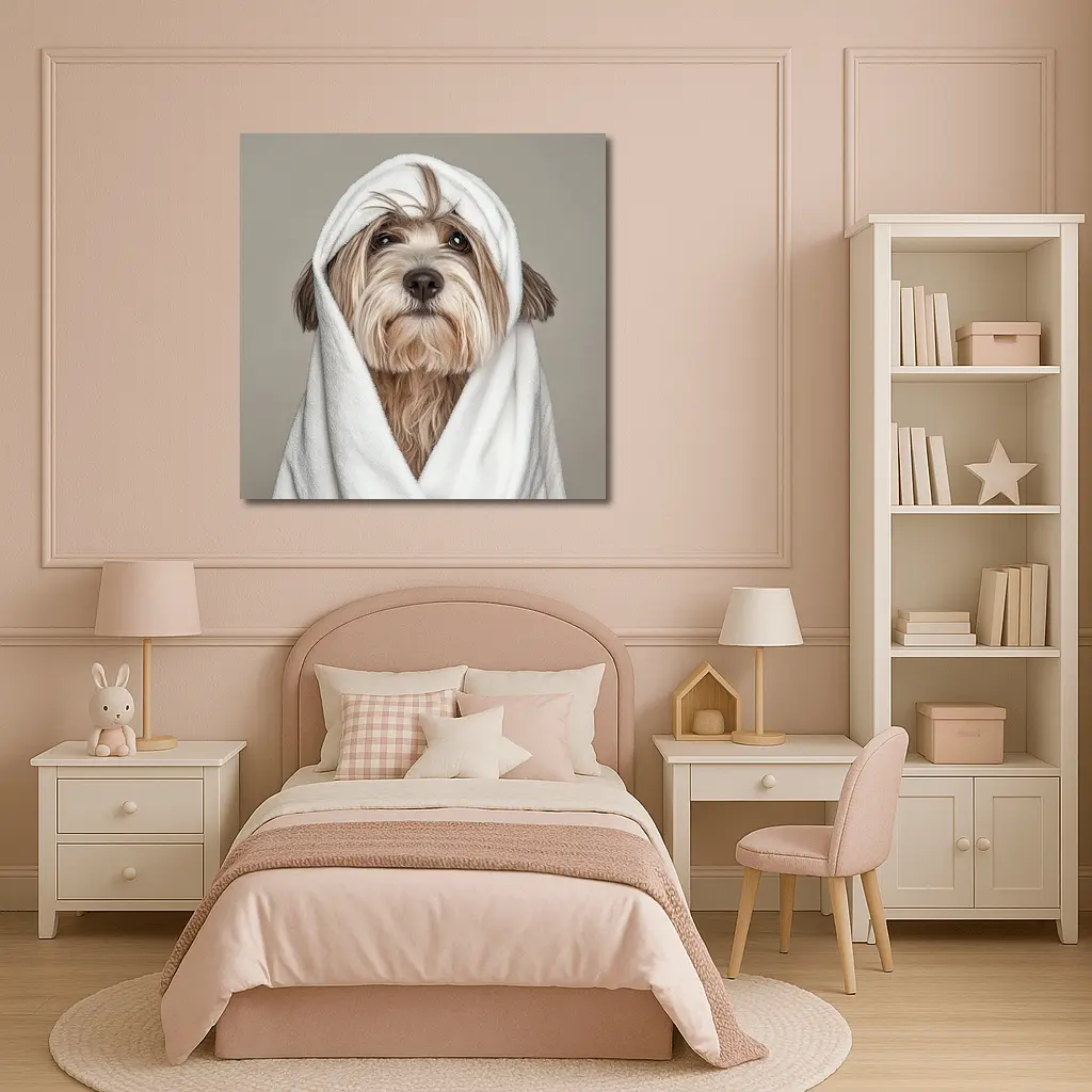 Fluffy Dog Wrapped In White Towel – Wall Art
