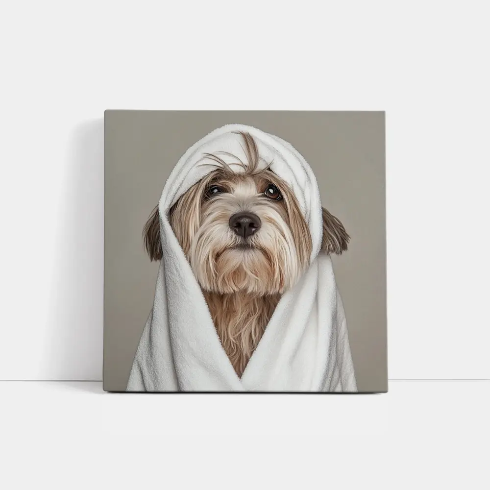 Fluffy Dog Wrapped In White Towel – Wall Art