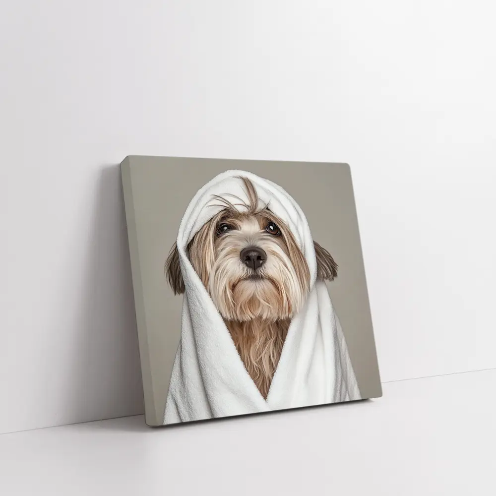 Fluffy Dog Wrapped In White Towel – Wall Art