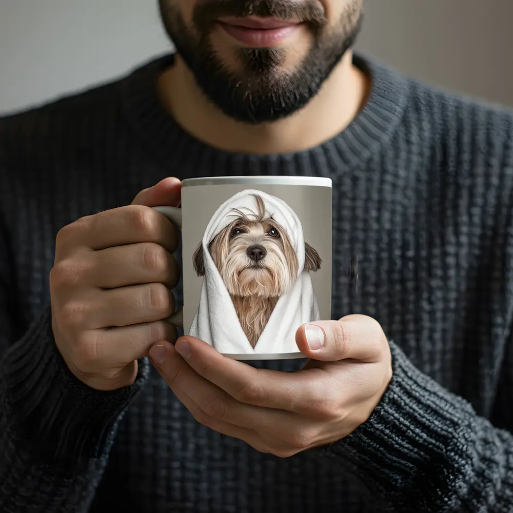 Fluffy Dog Wrapped In White Towel – Mugs