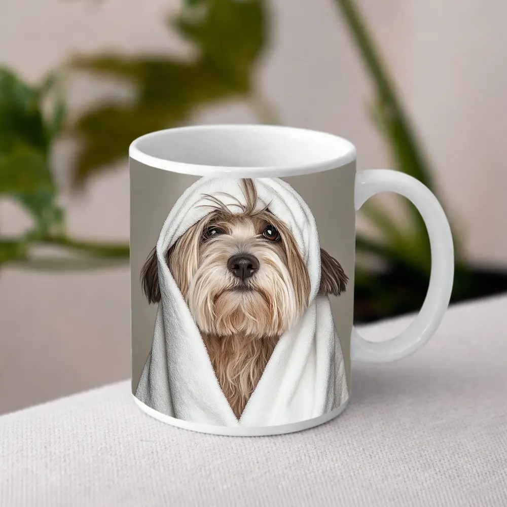 Fluffy Dog Wrapped In White Towel – Mugs