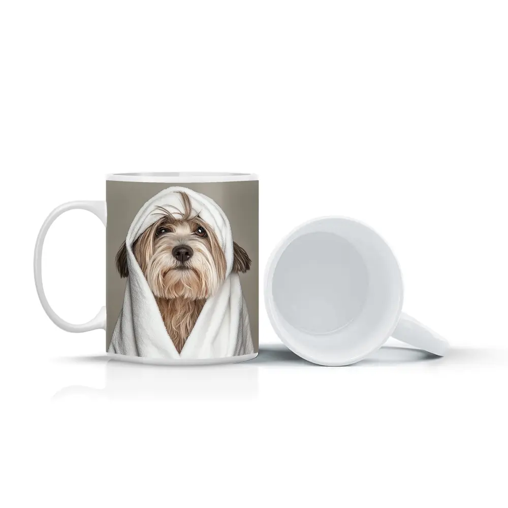 Fluffy Dog Wrapped In White Towel – Mugs