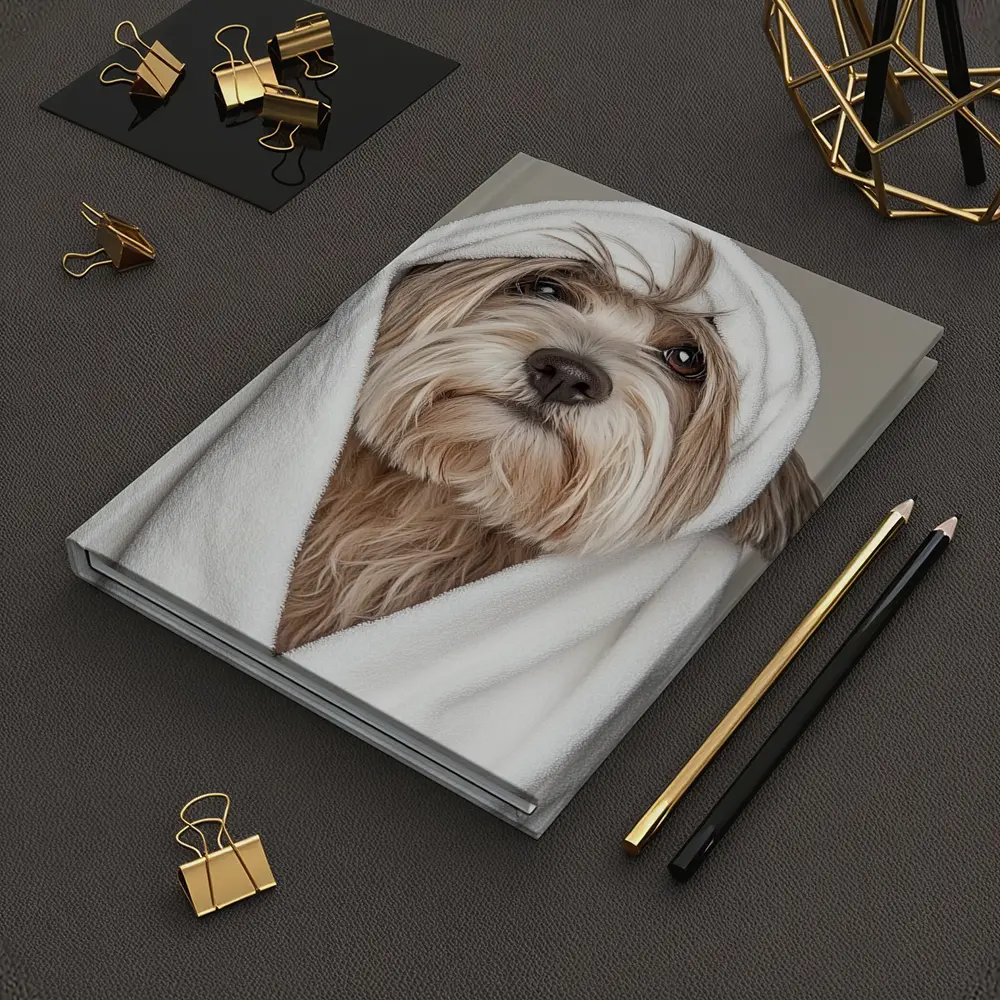 Fluffy Dog Wrapped In White Towel – Notebooks