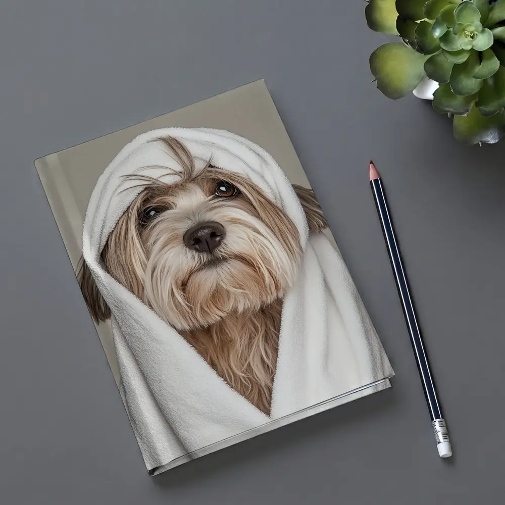 Fluffy Dog Wrapped In White Towel – Notebooks