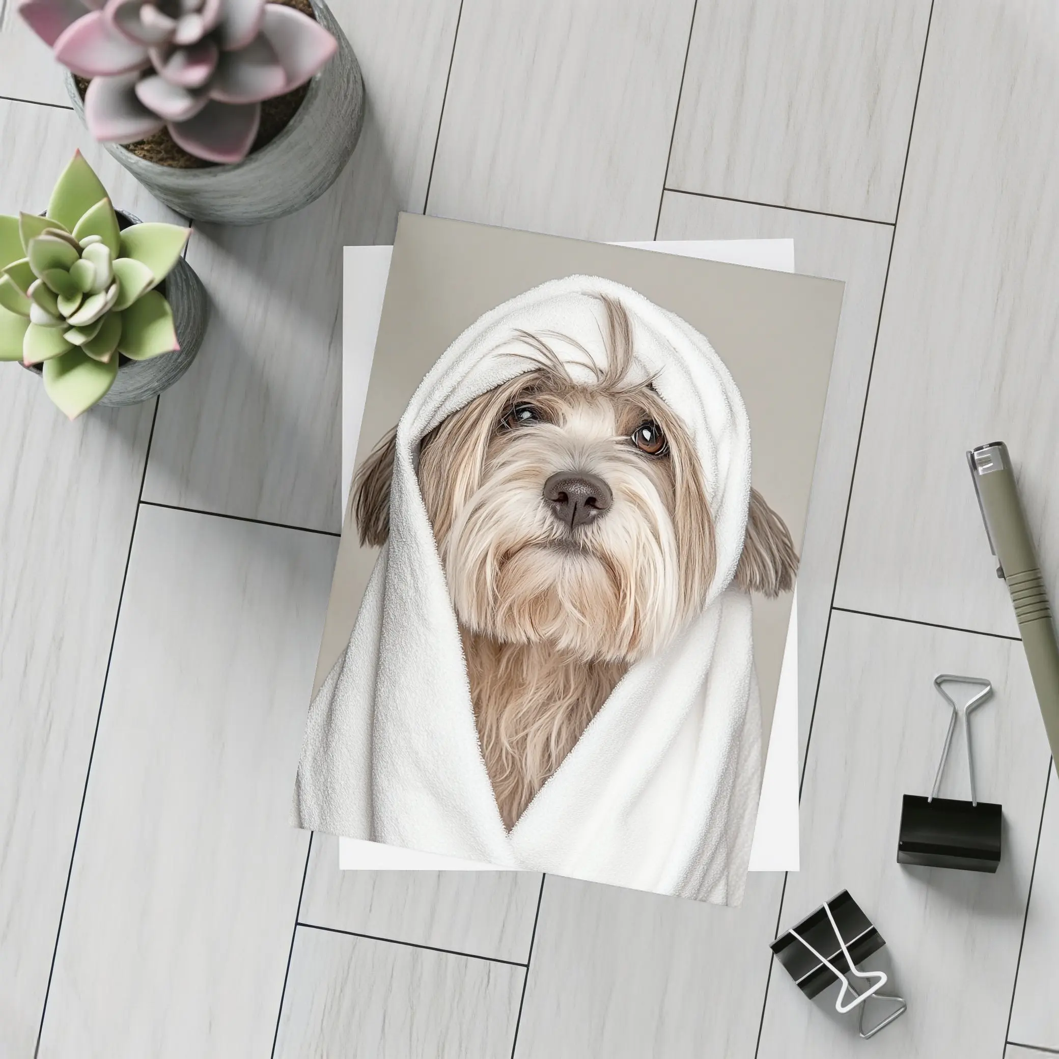 Fluffy Dog Wrapped In White Towel – Postcards