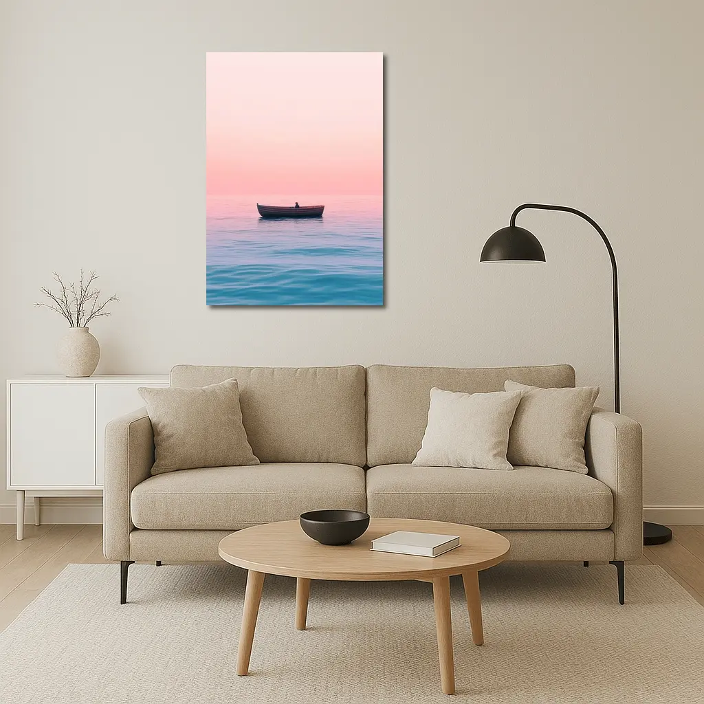 Lone Boat Drifting Pink Pastel Ocean Sunset – Wall Art