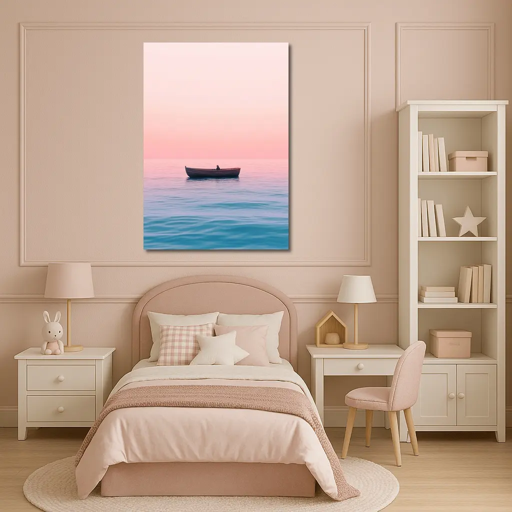 Lone Boat Drifting Pink Pastel Ocean Sunset – Wall Art
