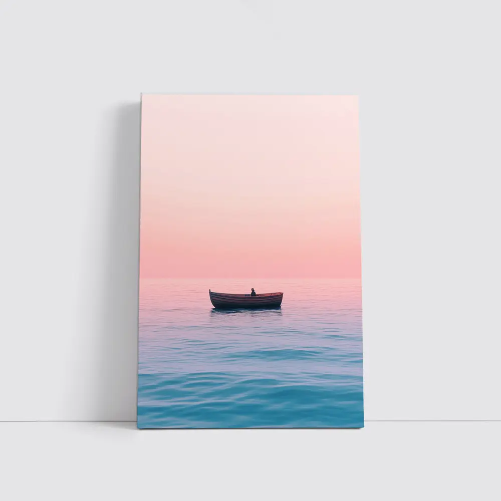 Lone Boat Drifting Pink Pastel Ocean Sunset – Wall Art