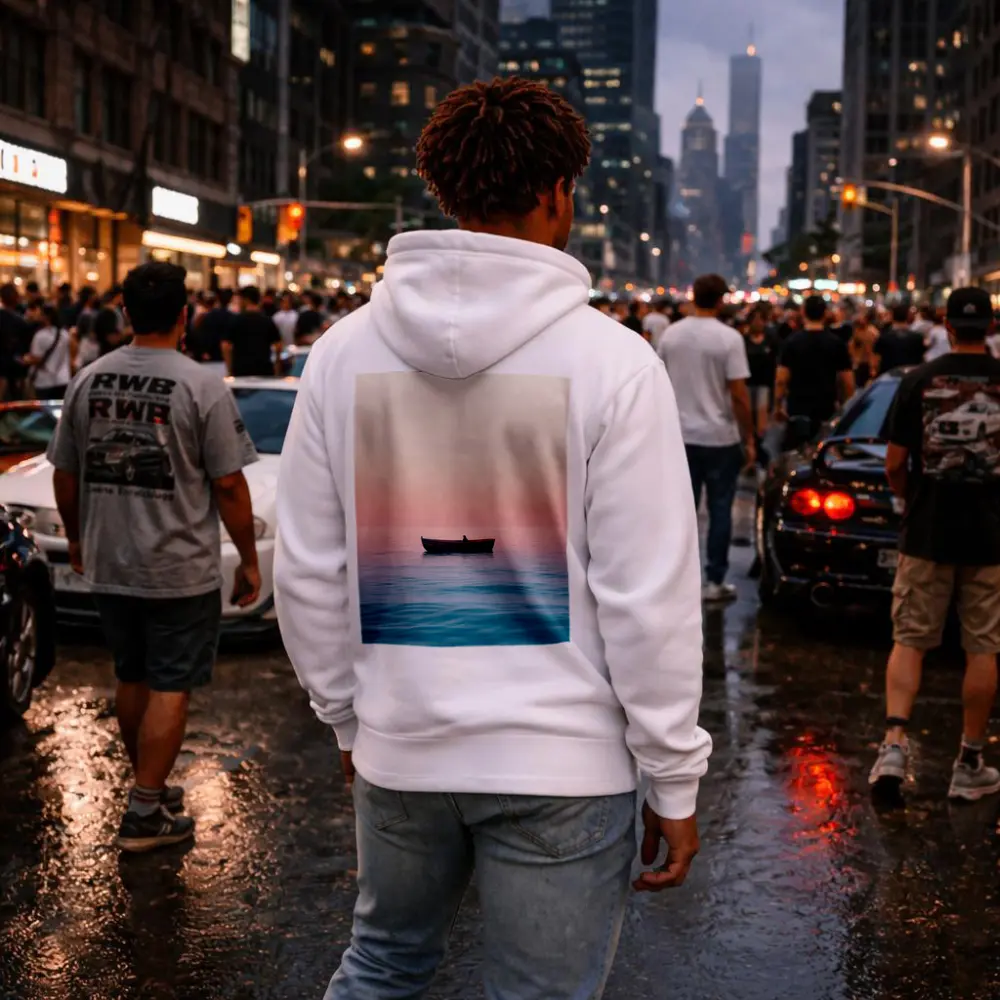 Lone Boat Drifting Pink Pastel Ocean Sunset – Hoodies