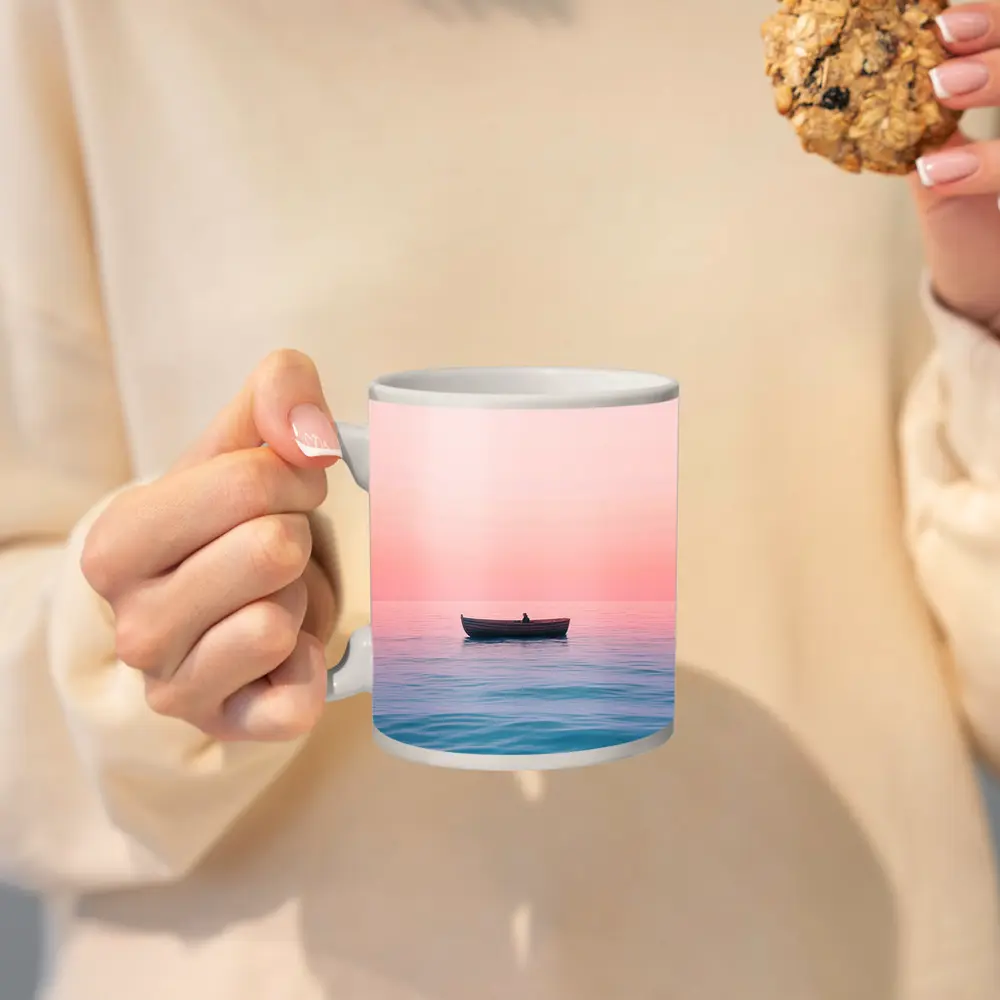 Lone Boat Drifting Pink Pastel Ocean Sunset – Mugs
