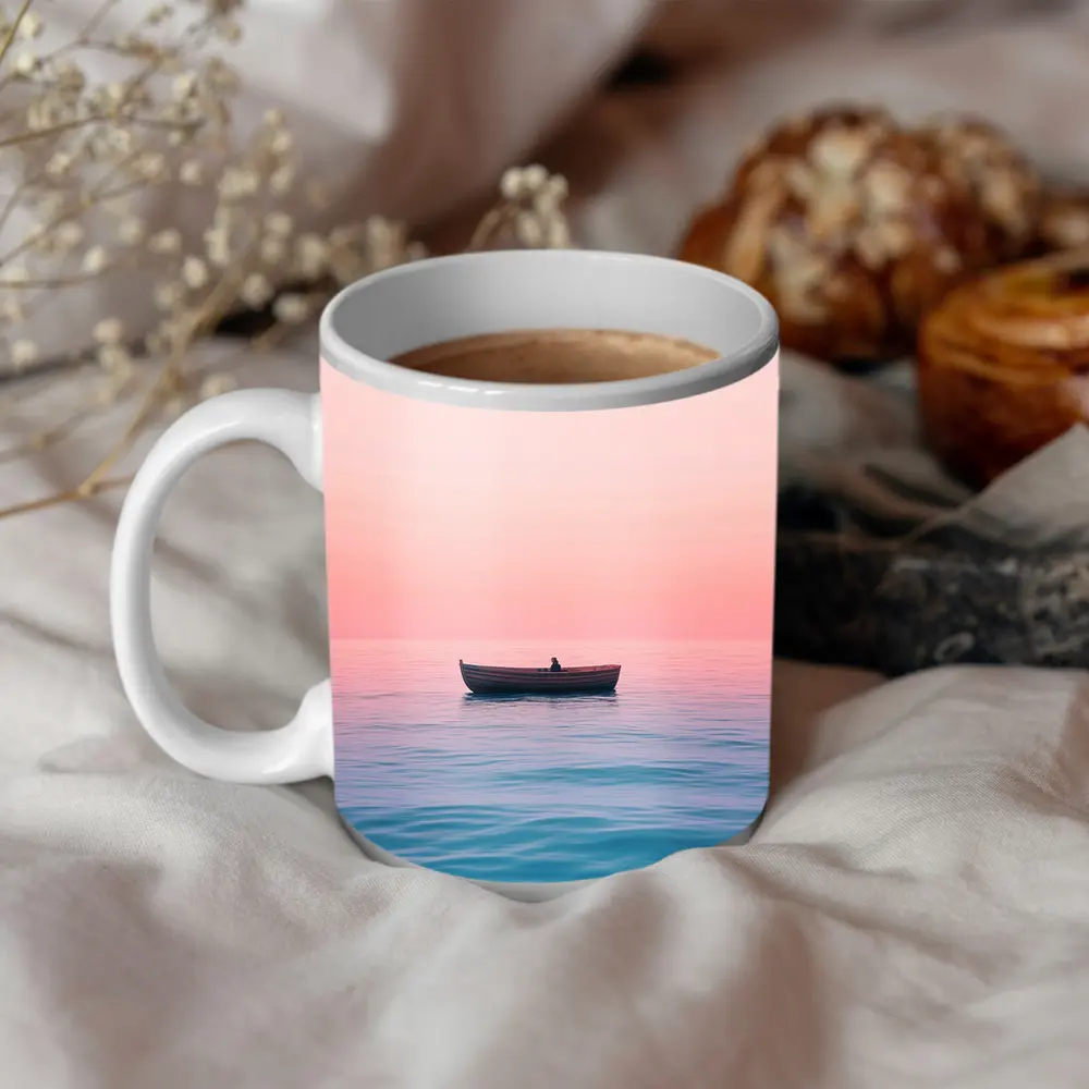 Lone Boat Drifting Pink Pastel Ocean Sunset – Mugs