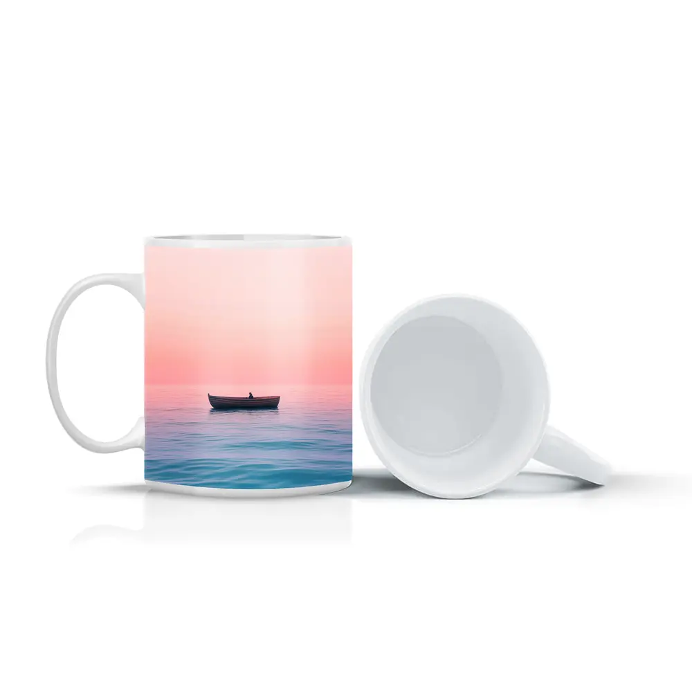 Lone Boat Drifting Pink Pastel Ocean Sunset – Mugs