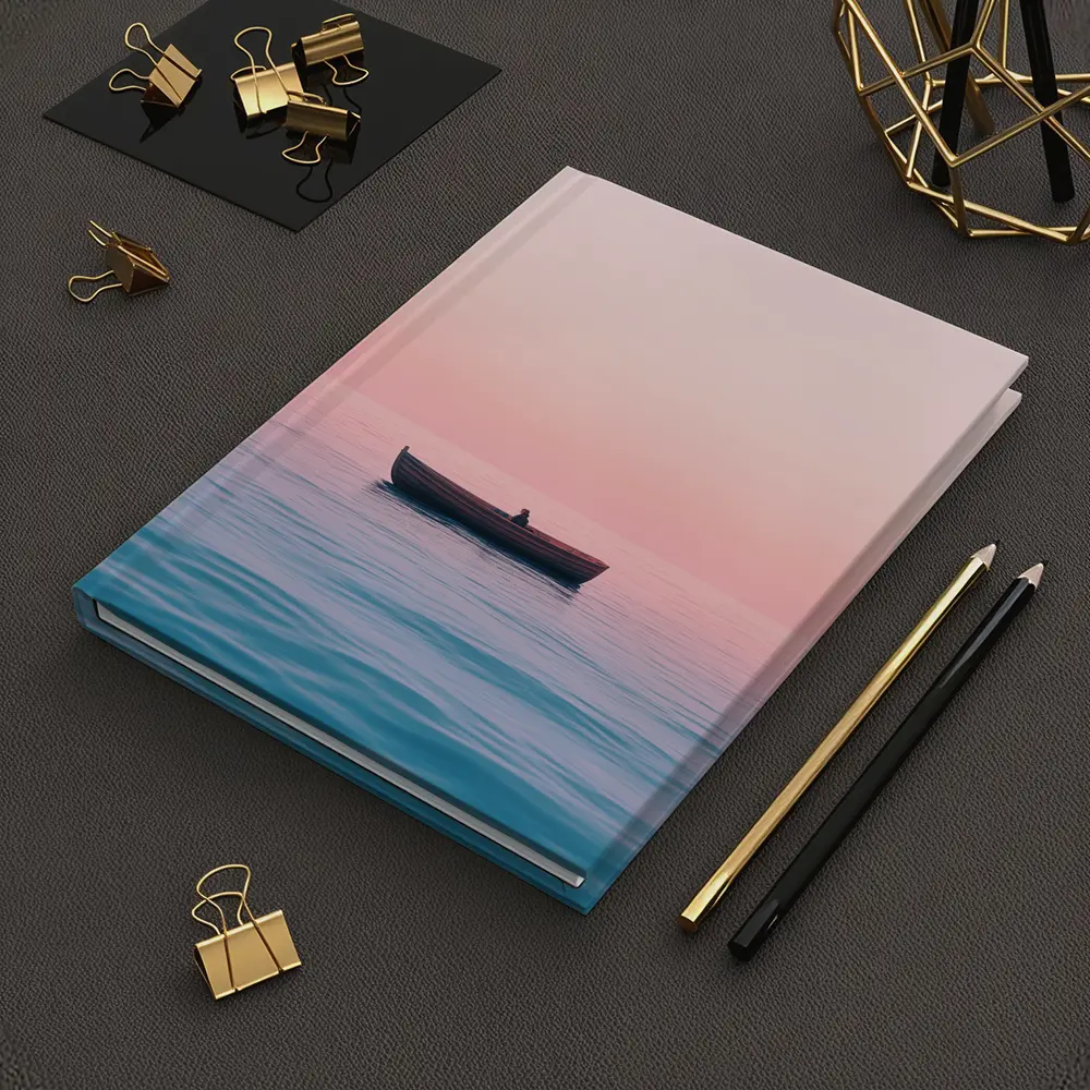 Lone Boat Drifting Pink Pastel Ocean Sunset – Notebooks