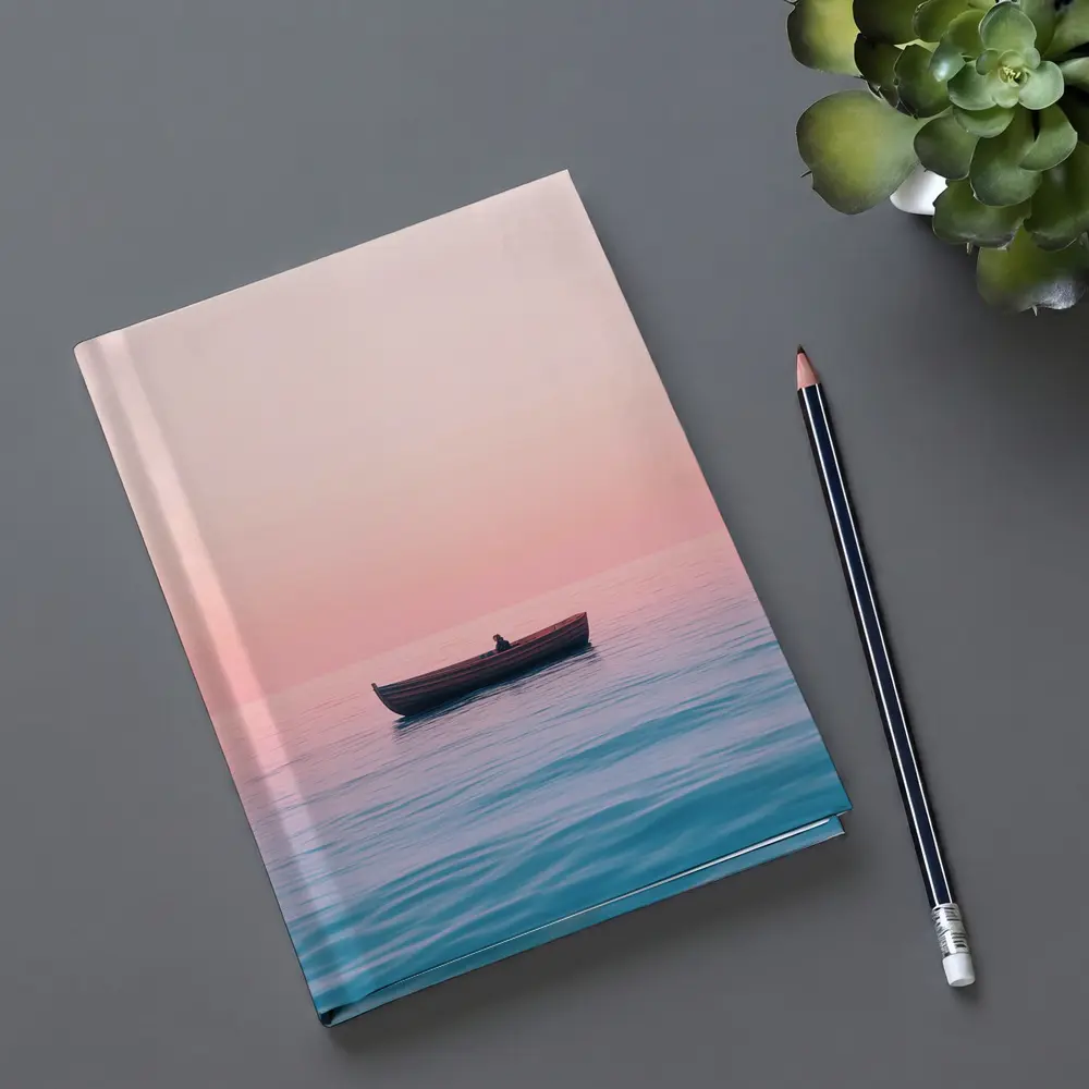 Lone Boat Drifting Pink Pastel Ocean Sunset – Notebooks