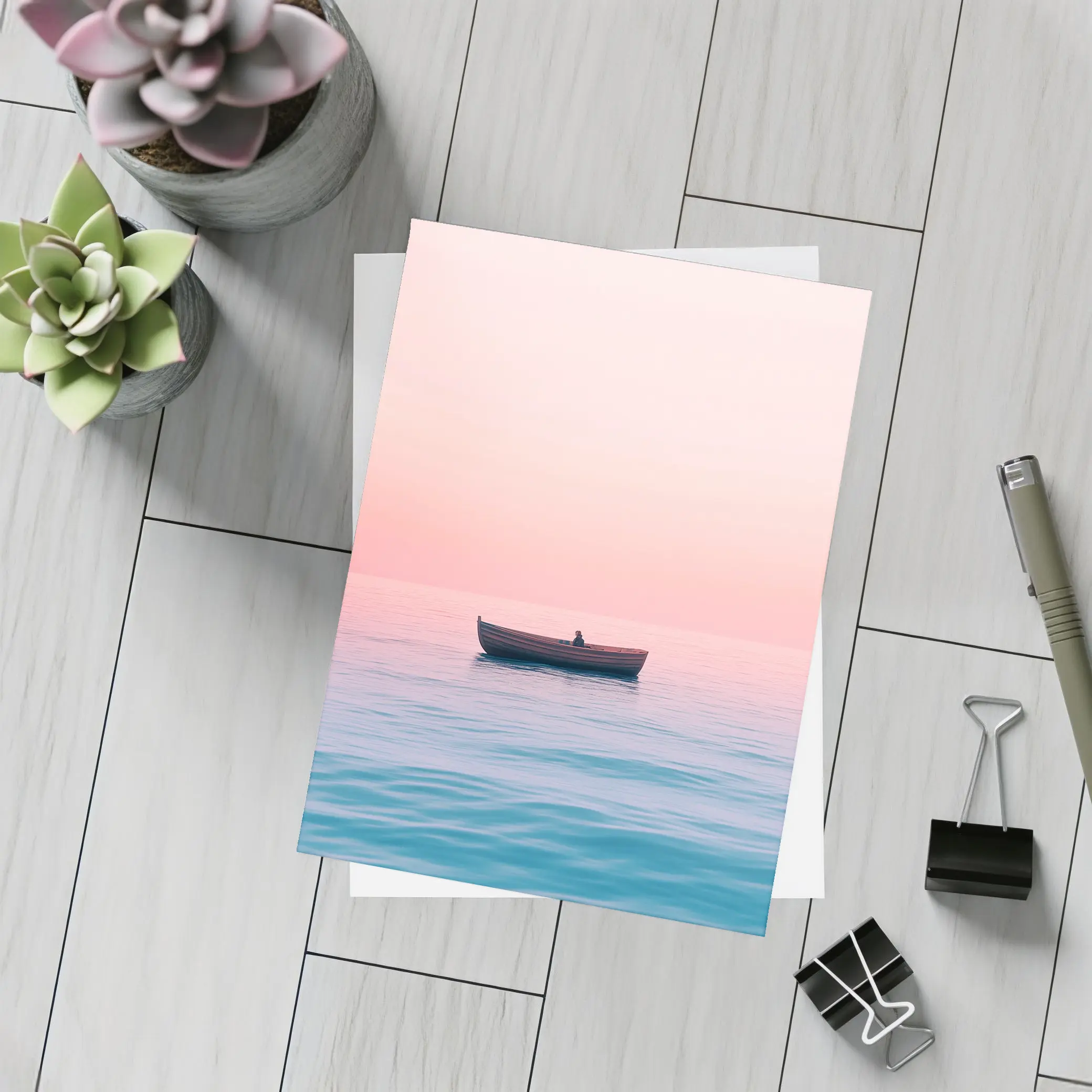 Lone Boat Drifting Pink Pastel Ocean Sunset – Postcards