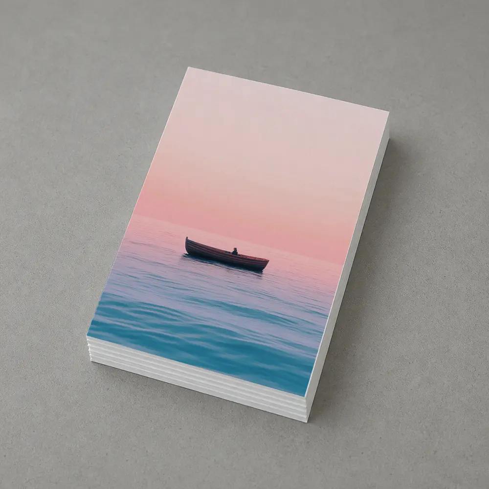 Lone Boat Drifting Pink Pastel Ocean Sunset – Postcards