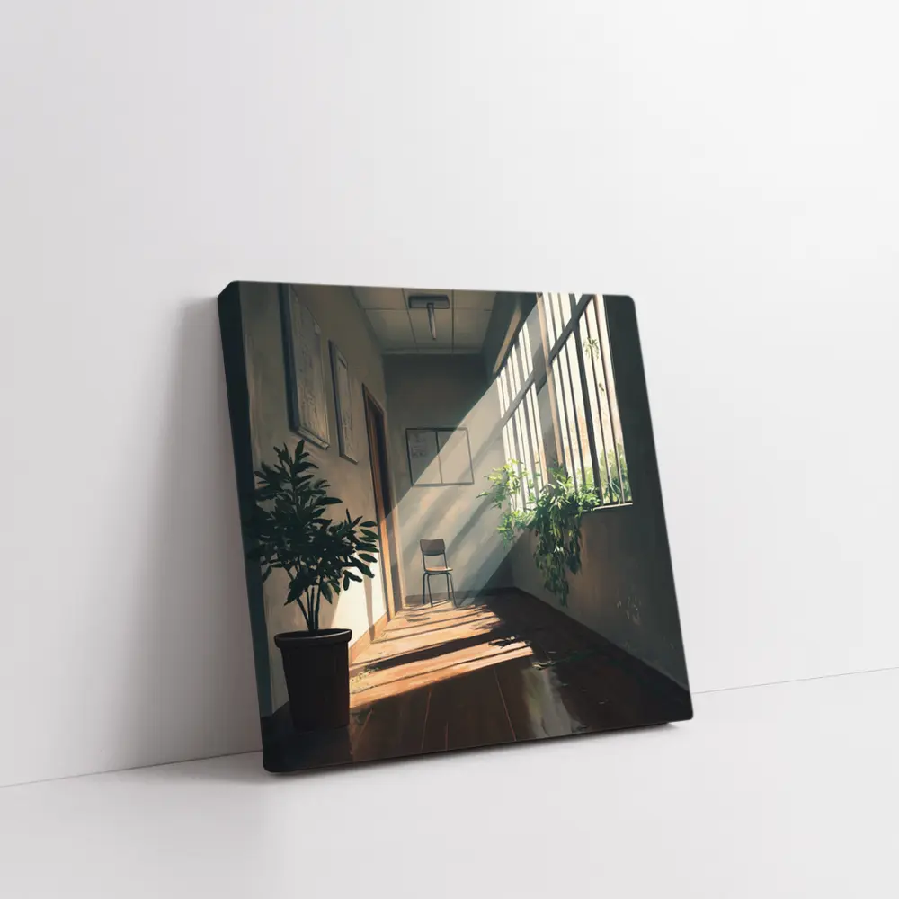 Anime School Hallway Sunlight Plants Interior – Wall Art