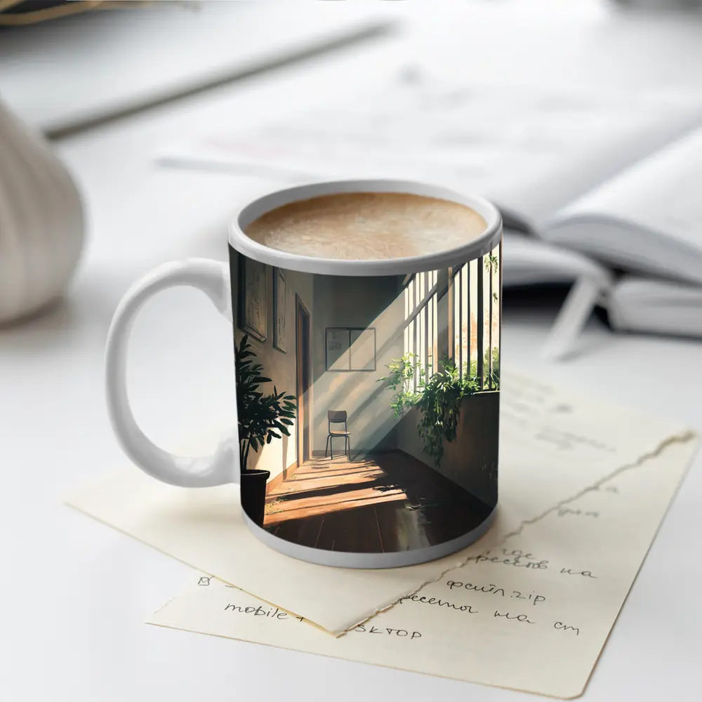 Anime School Hallway Sunlight Plants Interior – Mugs