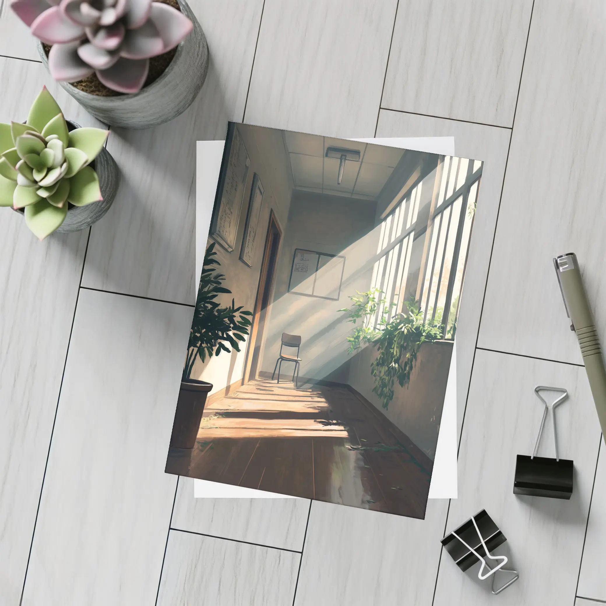 Anime School Hallway Sunlight Plants Interior – Postcards