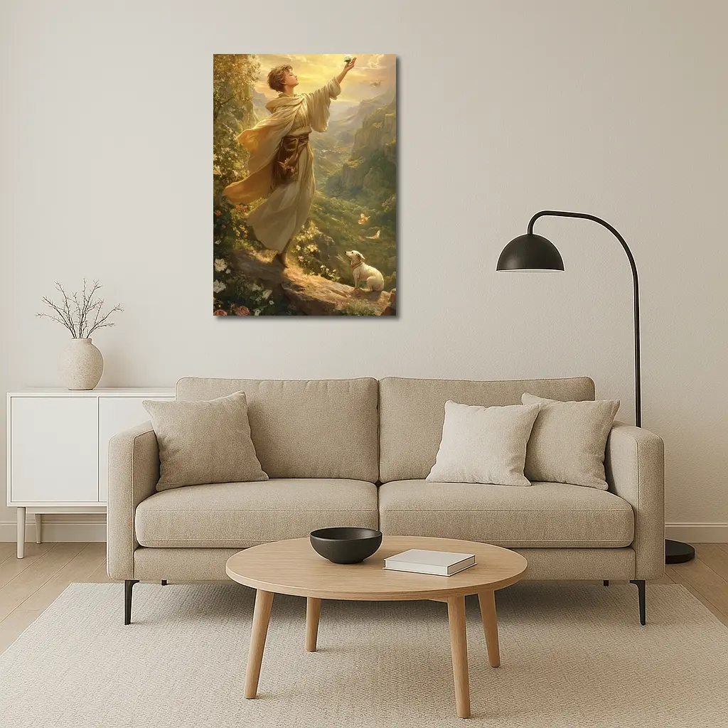 Young Man Releasing Bird Mountain Valley – Wall Art
