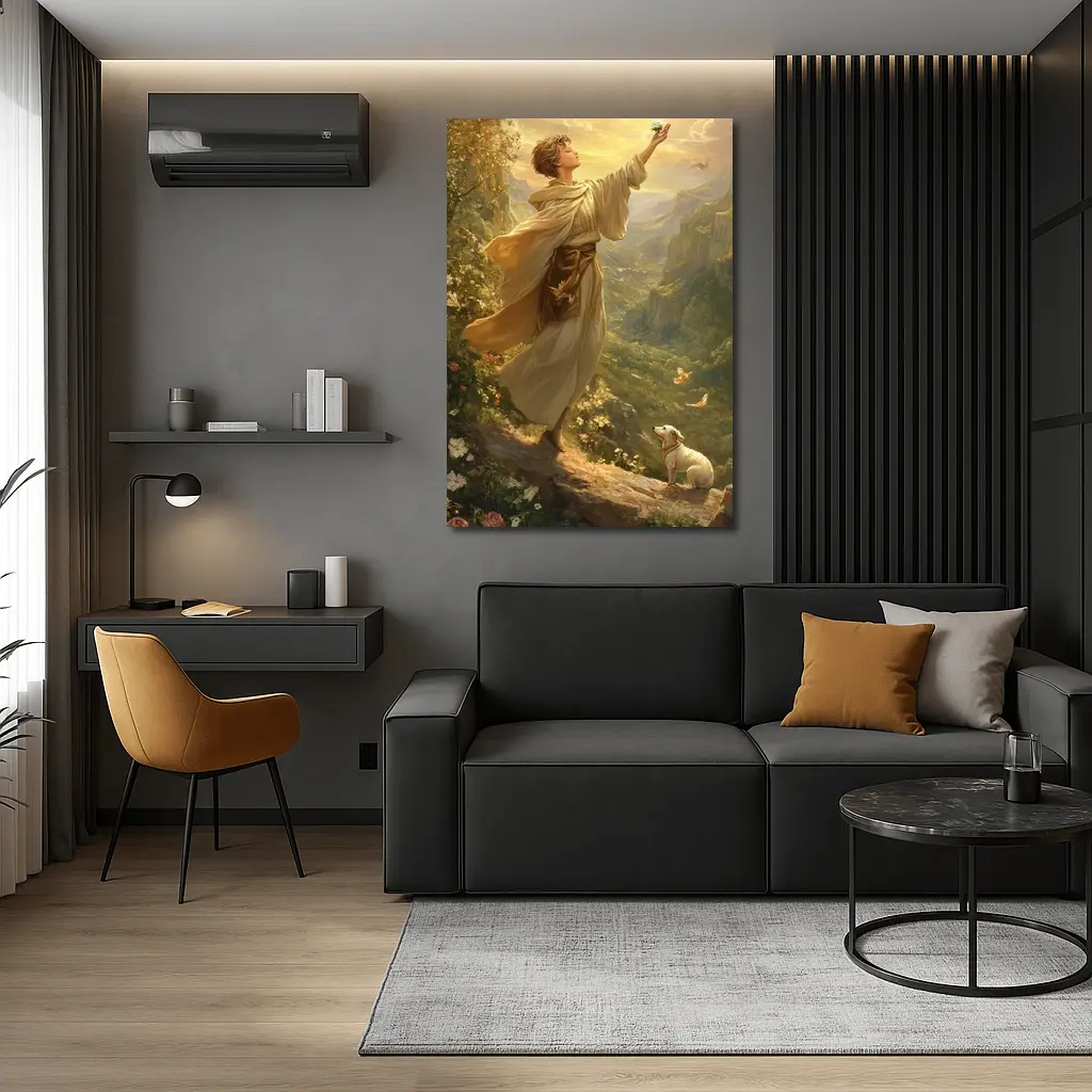 Young Man Releasing Bird Mountain Valley – Wall Art