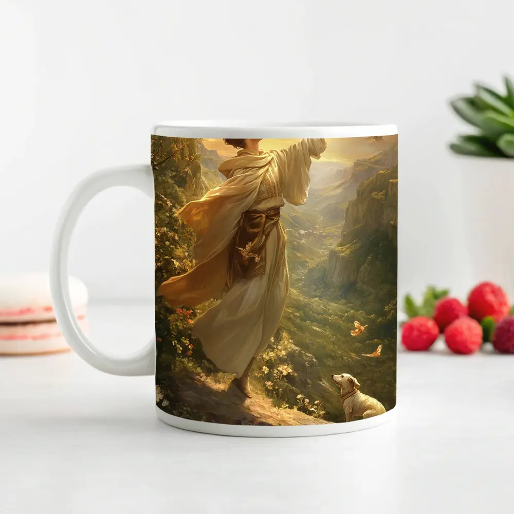 Young Man Releasing Bird Mountain Valley – Mugs