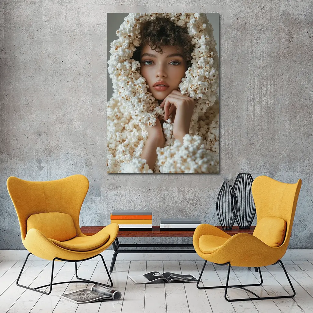 Woman Wrapped in Popcorn Hood Portrait – Wall Art