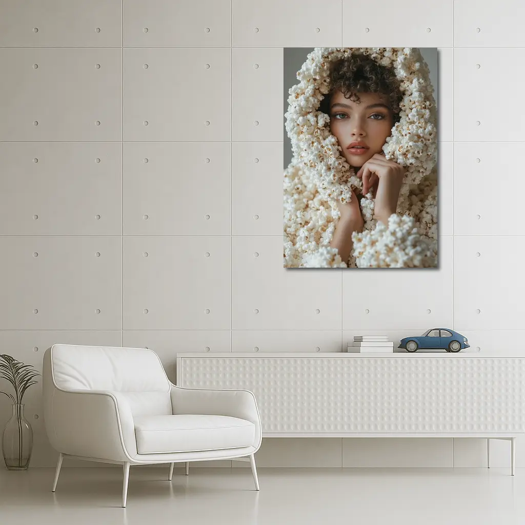 Woman Wrapped in Popcorn Hood Portrait – Wall Art